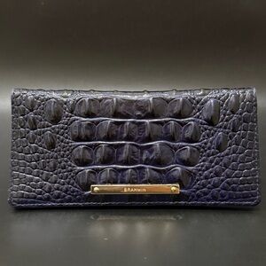 BRAHMIN Ady Wallet Melbourne Pearlized Navy Blue Croc Leather Slim Bifold Wallet